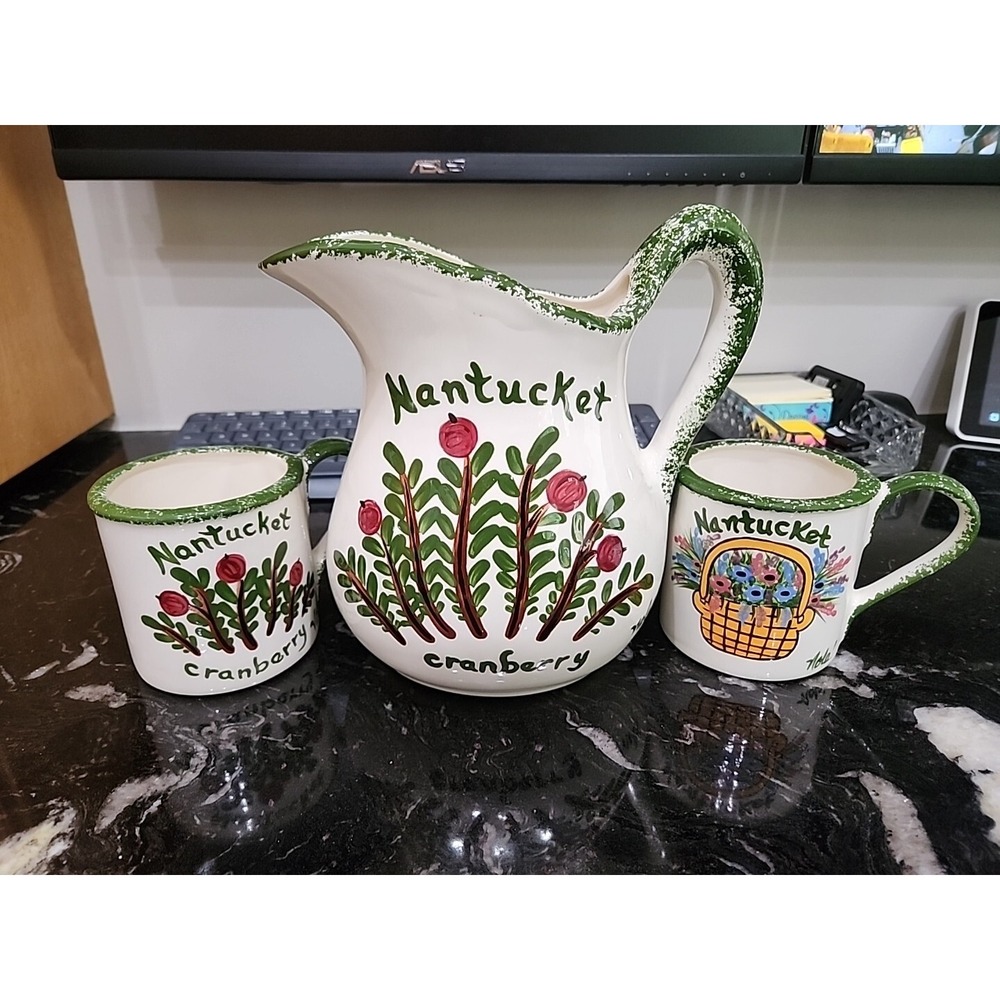 Nantucket Ceramic Hand Painted Cranberry Mug & Pitcher & Flower Mug Nola Watkins